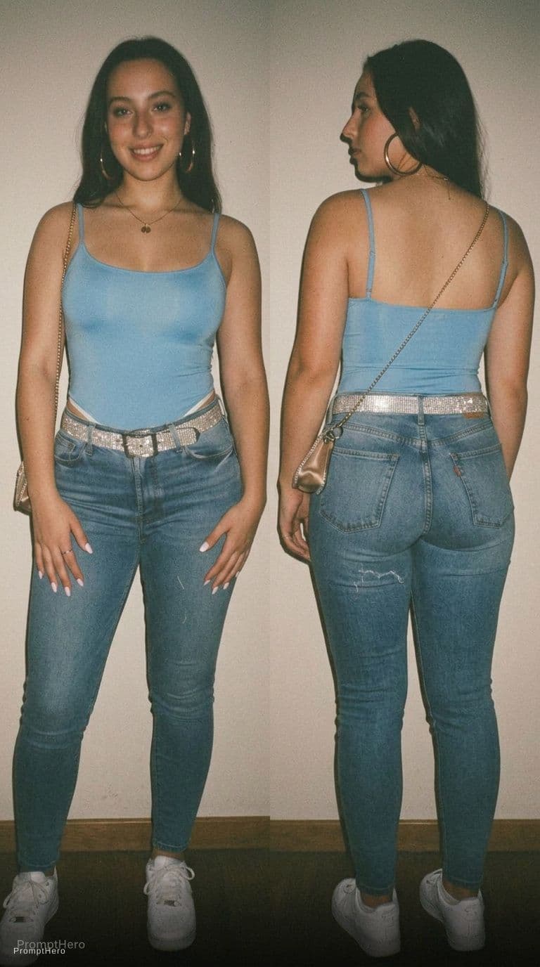 AI generated: size image,big booty, white thong, white sneakers,soft thighs,slim soft sporty belly, thigt jeans pa...