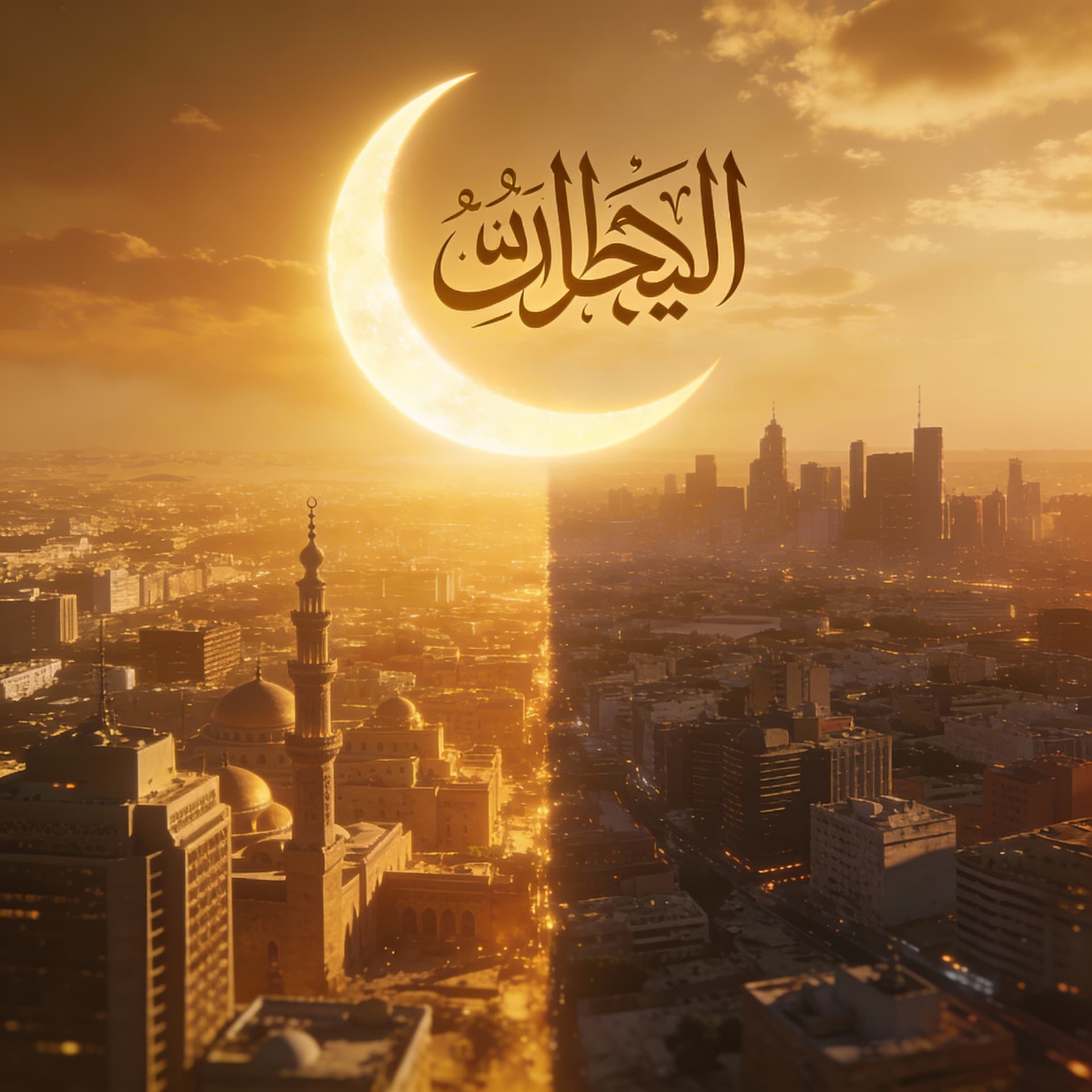 AI generated: A glowing crescent moon rising above both cities in a seamless cinematic blend. 
Elegant Arabic call...
