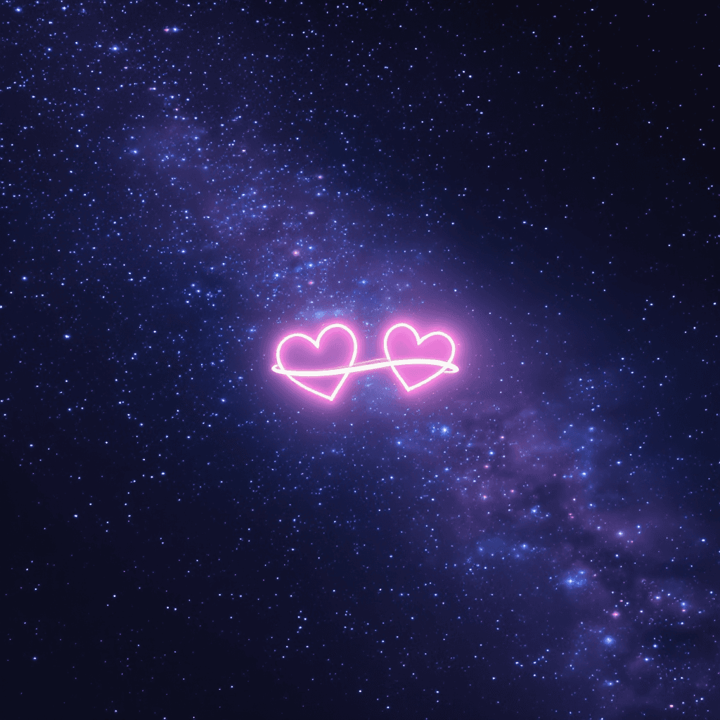 AI generated: Two small stylized glowing hearts floating in deep space, connected by a radiant band of light, surr...