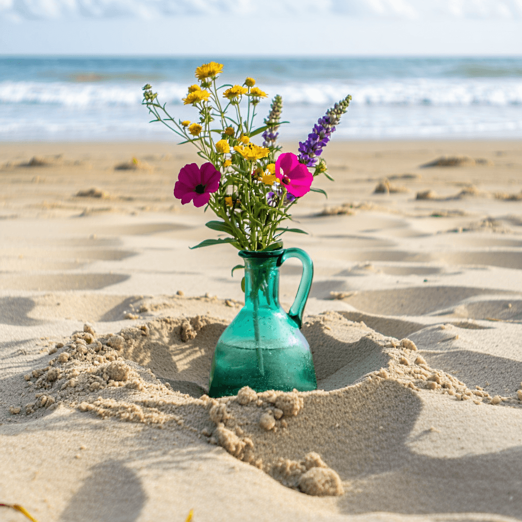 AI generated: Photo of a vase buried in the sand on a beach with some flowers in the vase