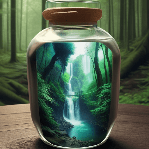 AI generated: There is a bottle on the table, and in the bottle is a forest with a waterfall.
