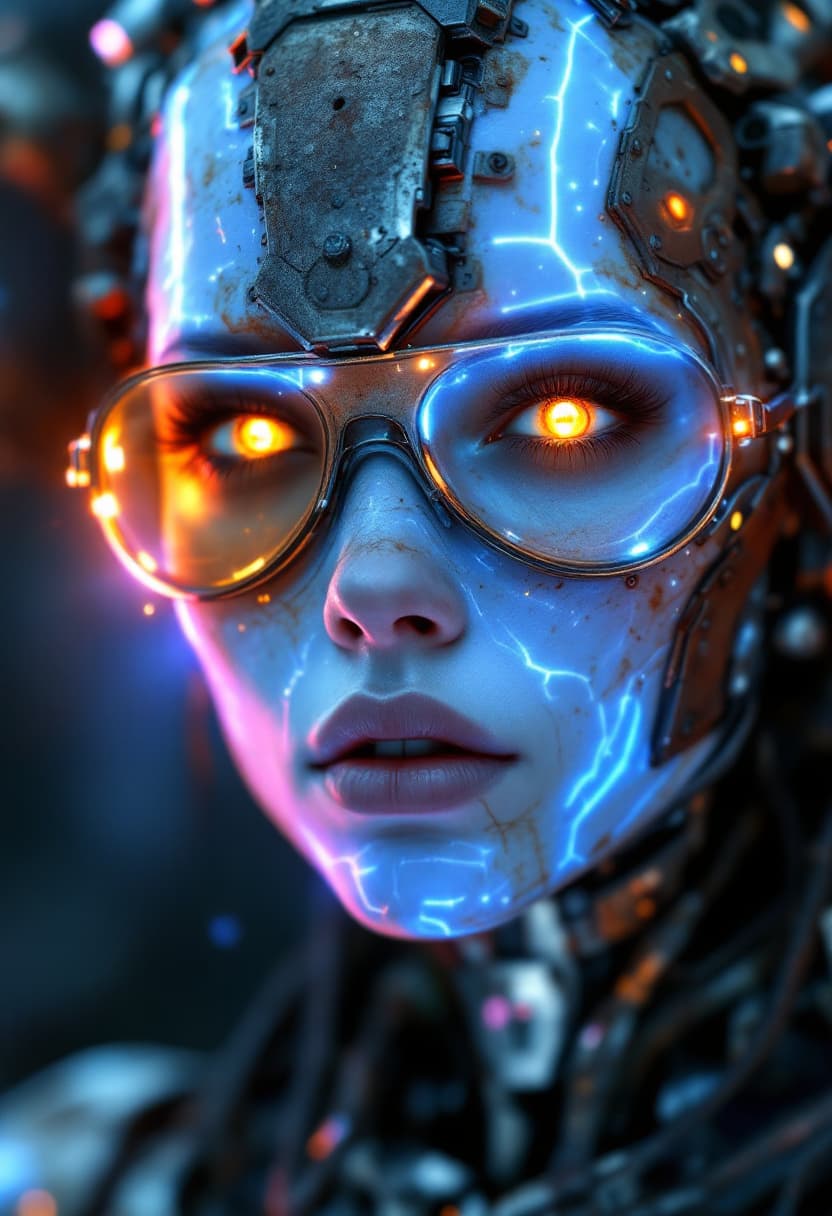AI generated: Unclad android featuring a fusion of glowing skin and rusty metal elements, HDR, RAW, opaque-lensed ...