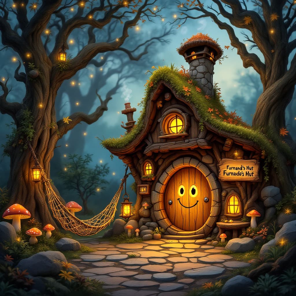 AI generated: A whimsical, cozy hut in a mystical forest. The hut has a warm and inviting feel, built from twisted...
