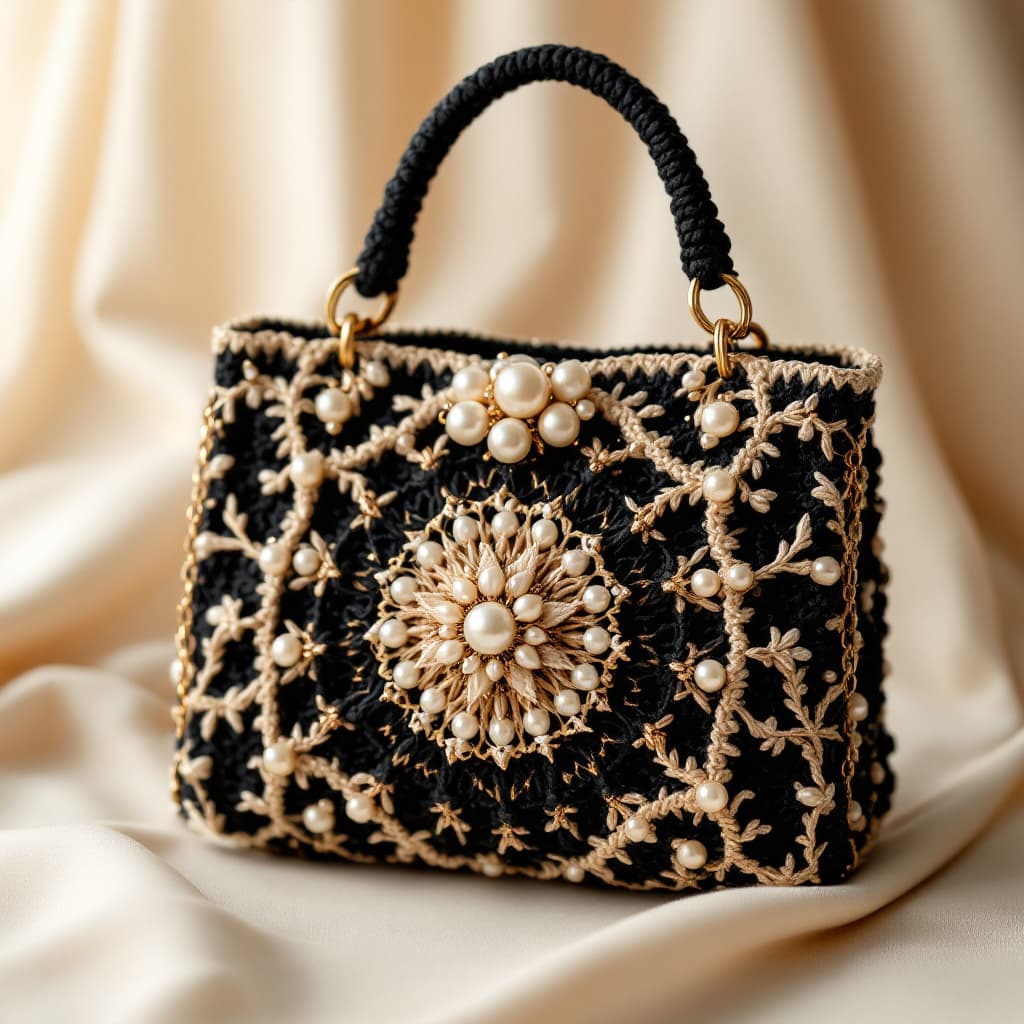 AI generated: V"A glamorous crochet handbag designed for elegance and sophistication. The bag features intricate a...