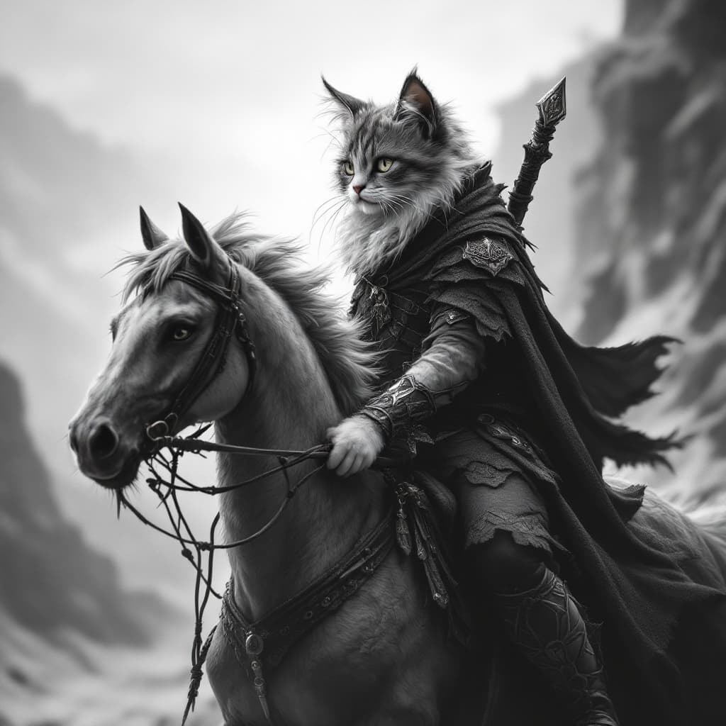 AI generated: an anthropomorphic cute cat is horse rider, in the style of cinematic montages, dragon art, francisz...