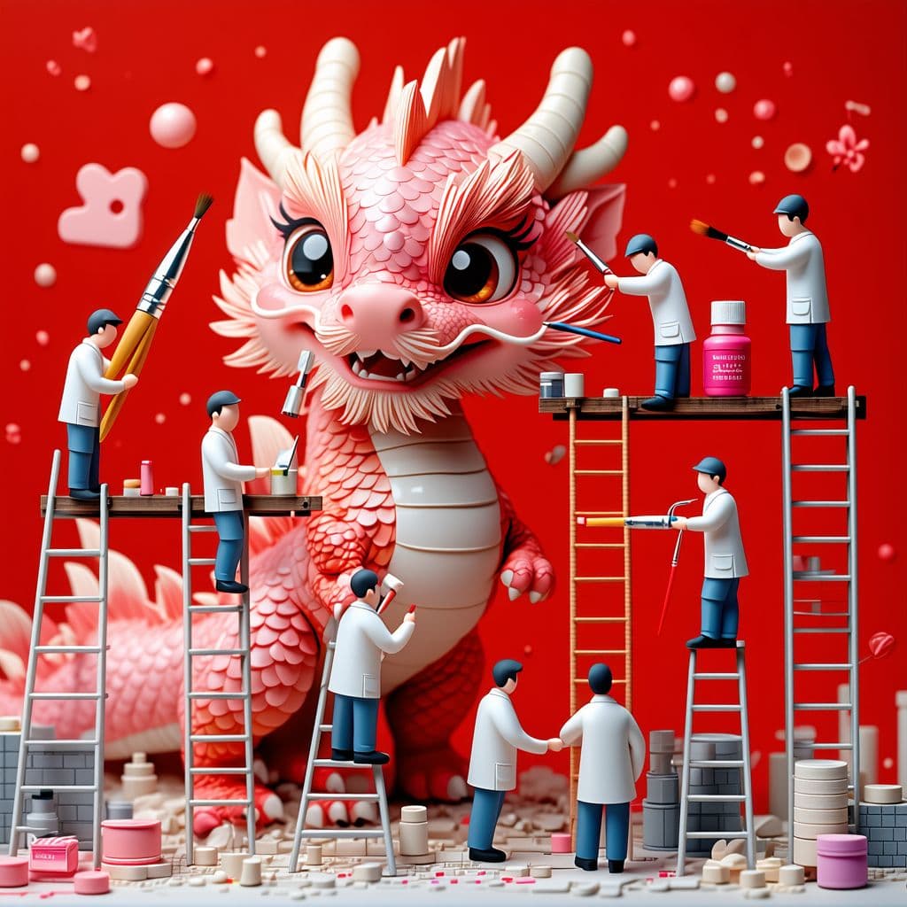 AI generated: Prompt: Tiny miniature workers in uniforms are painting and drawing super cute ombre cute pink drago...