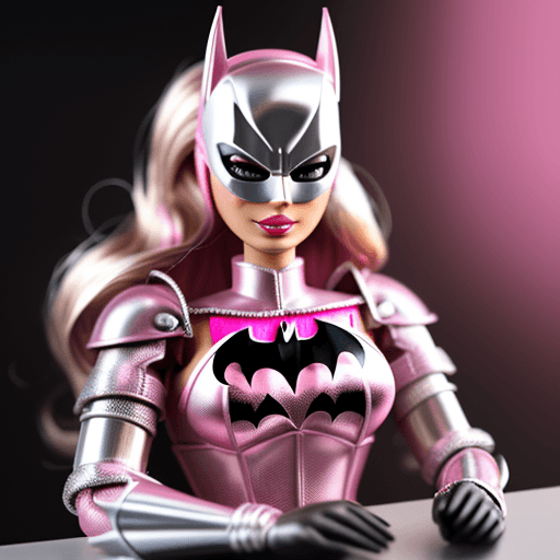 AI generated: barbie in a chrome  metal,pink  armour batman costume, 