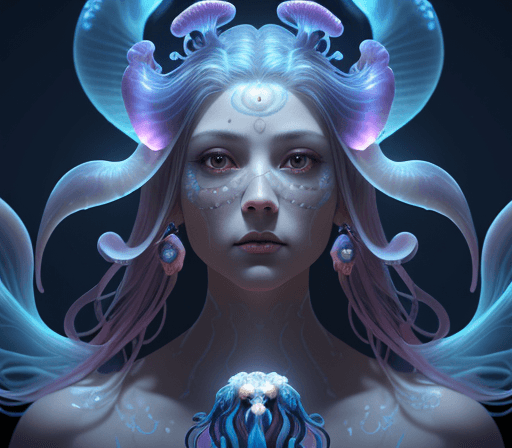 AI generated: Goddess close-up portrait ribcagel. jellyfish phoenix head, nautilus, orchid, skull, betta fish, bio...