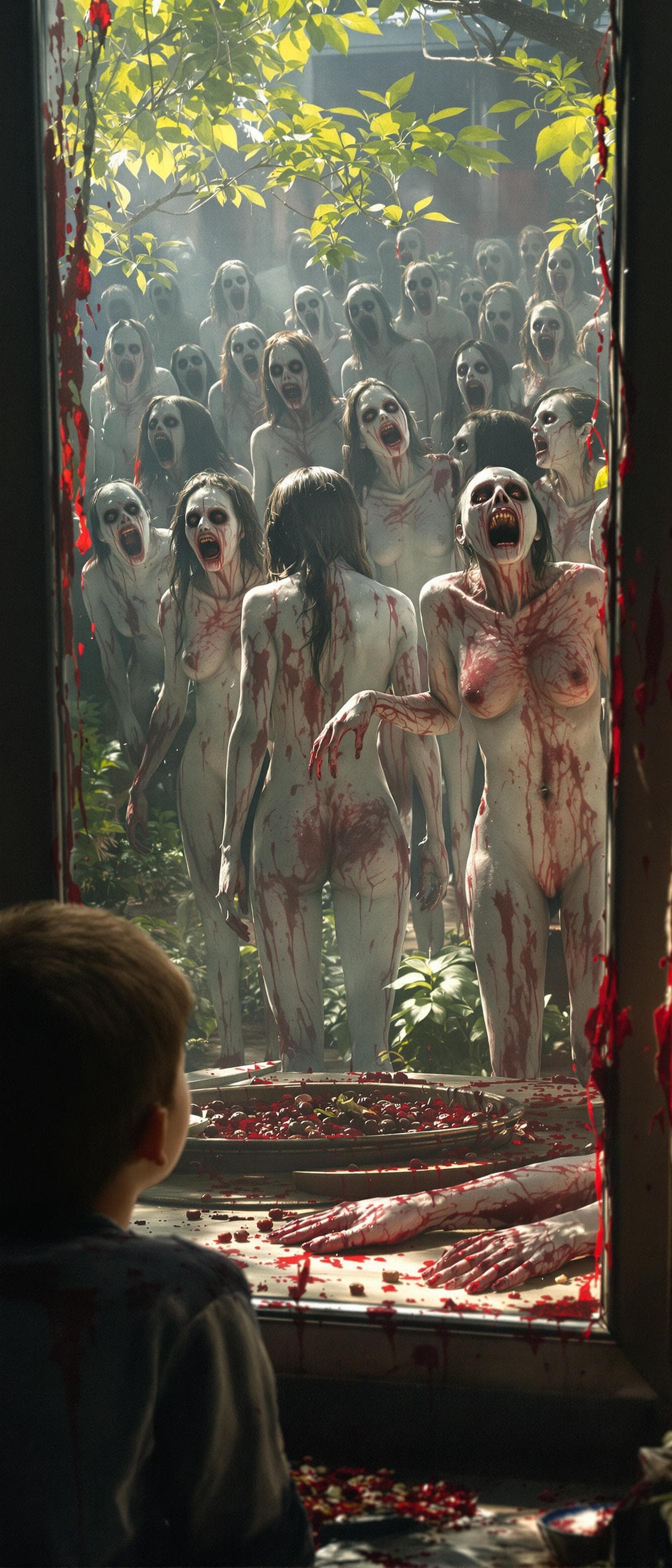 AI generated: A boy looking from a window at daylight and sees many walking womem zombies   . Their body are expos...