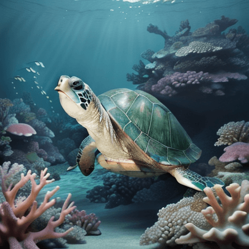 AI generated: Dreamy photo of a ultra realistic, small green dreamy turtle looking at us, a deeper dreamy boat wre...