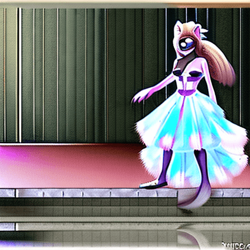 AI generated: furry art, uploaded on e621, furry, anthro, black fur, black skin, fox, walking, bra, theater backgr...