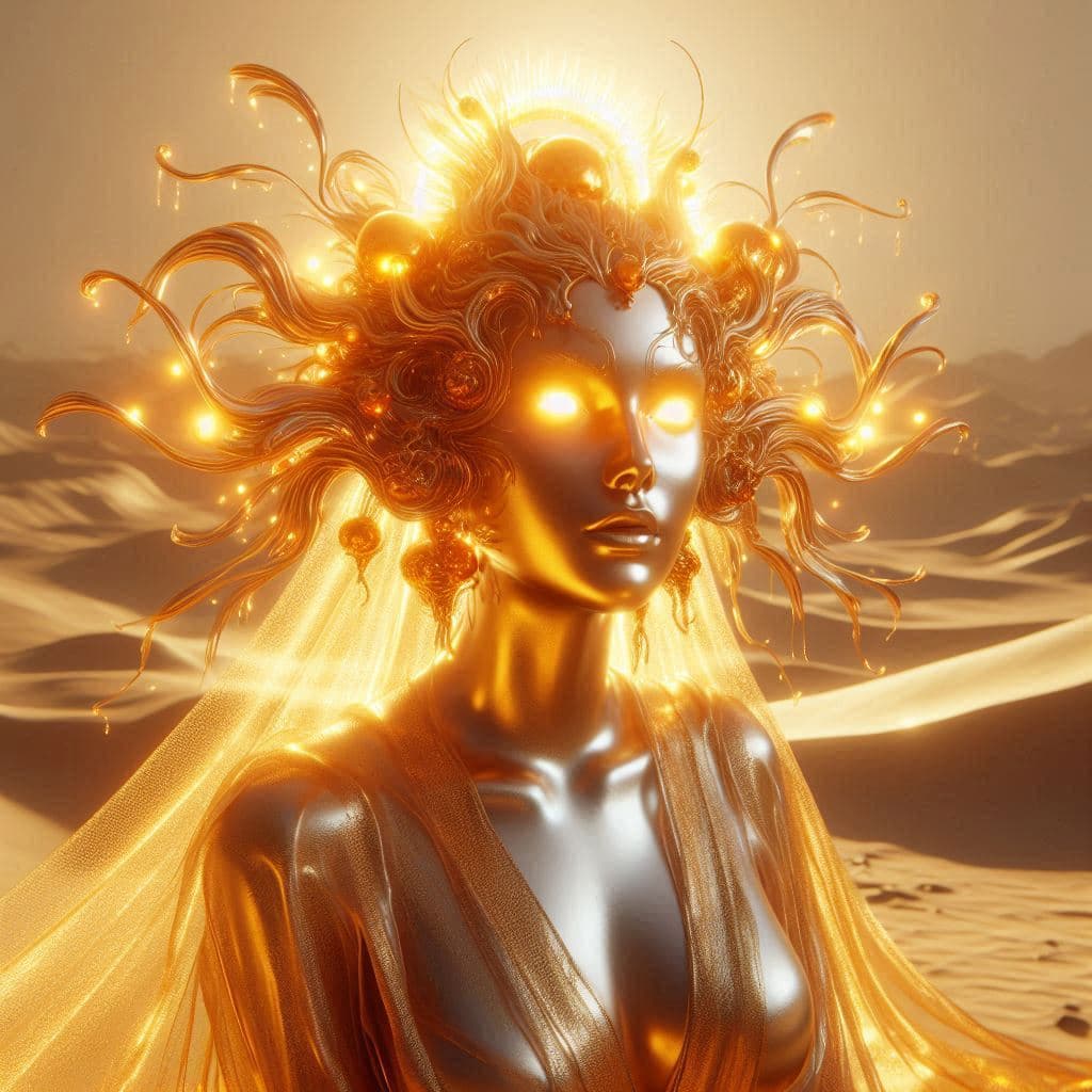 AI generated: A hyper-realistic 3D character bathed in golden sunlight, her skin glowing with a radiant warmth. He...