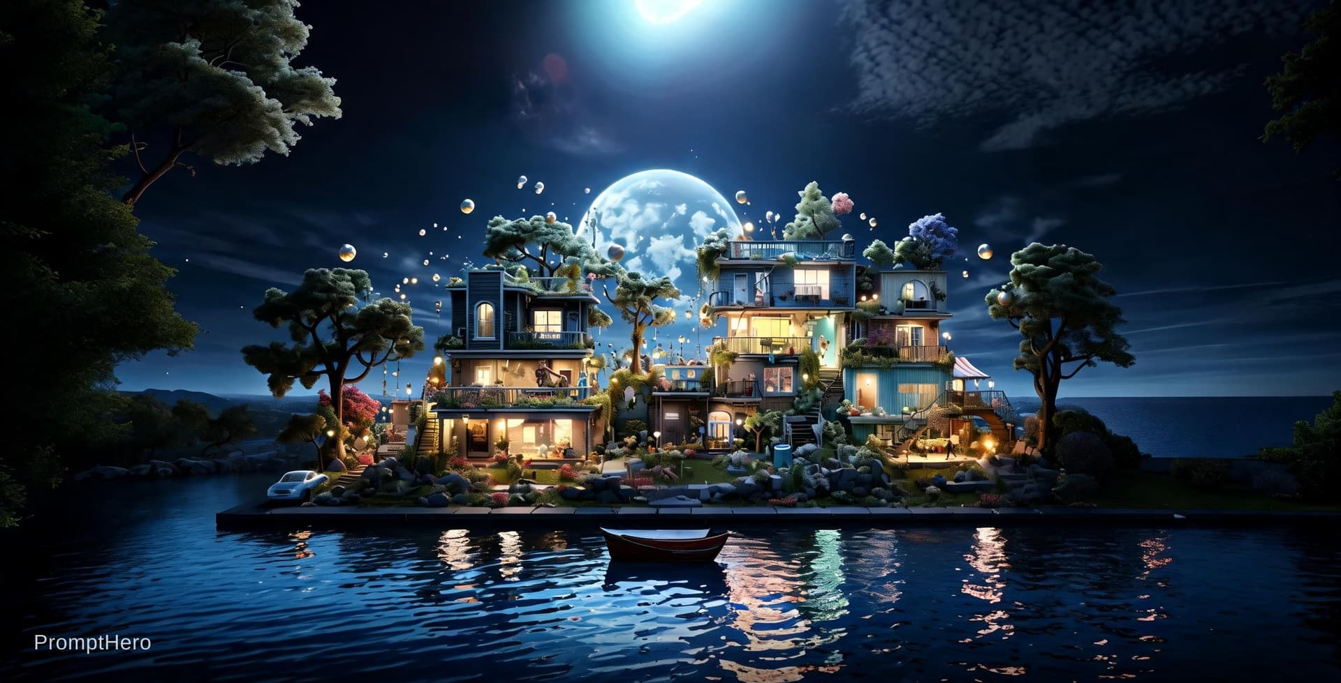 AI generated: A poetic self-sufficient neighborhood as a living ecosystem, under a luminous full moon, warm glowin...