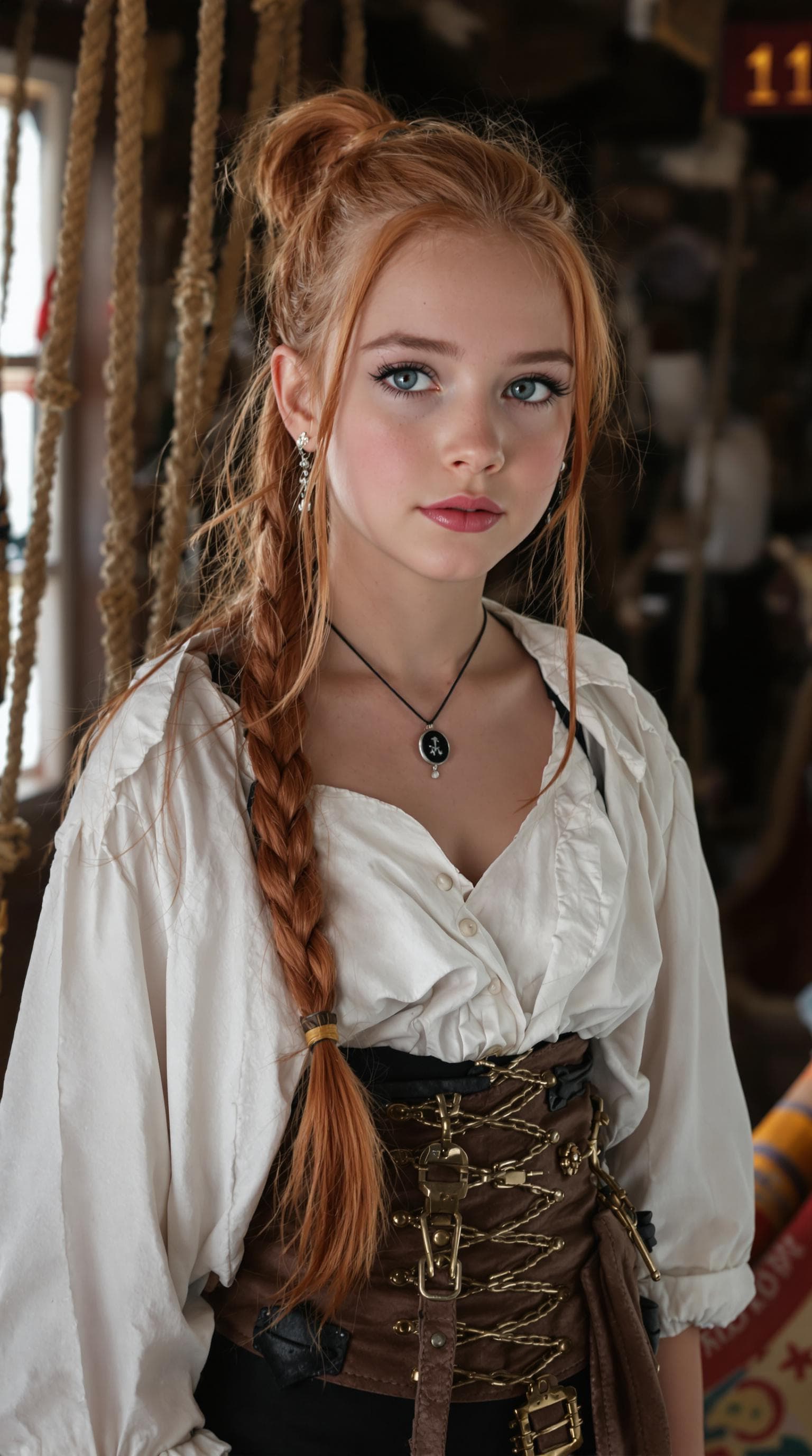 AI generated: a professional photo of a exceptionally beautiful girl aboard pirate ship (age 11), (eleven year old...