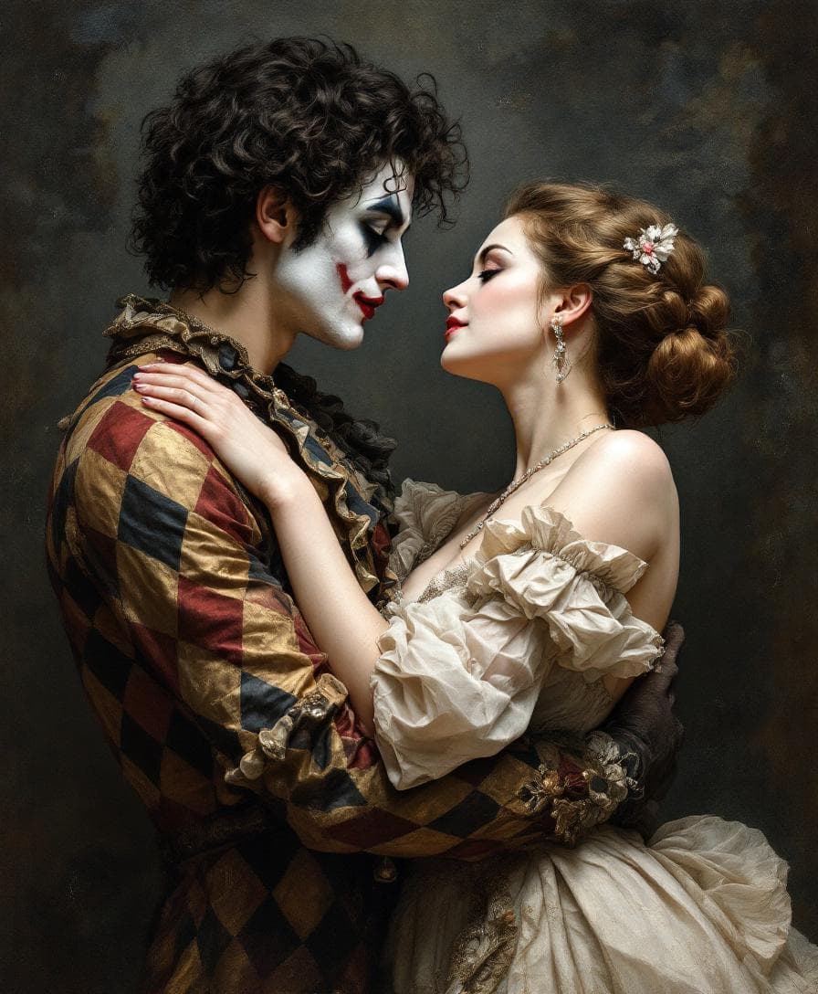 AI generated: Stolen Embrace
A male harlequin is looking at a female opera singer with open eyes, they are lookin...