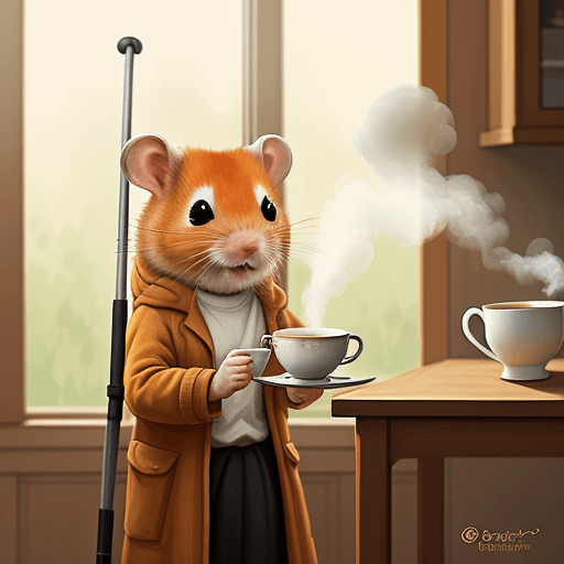 AI generated: ginger hamster drinking a steaming cup of tea, on crutches. 
warm lighting, happy mood. warm tone, d...