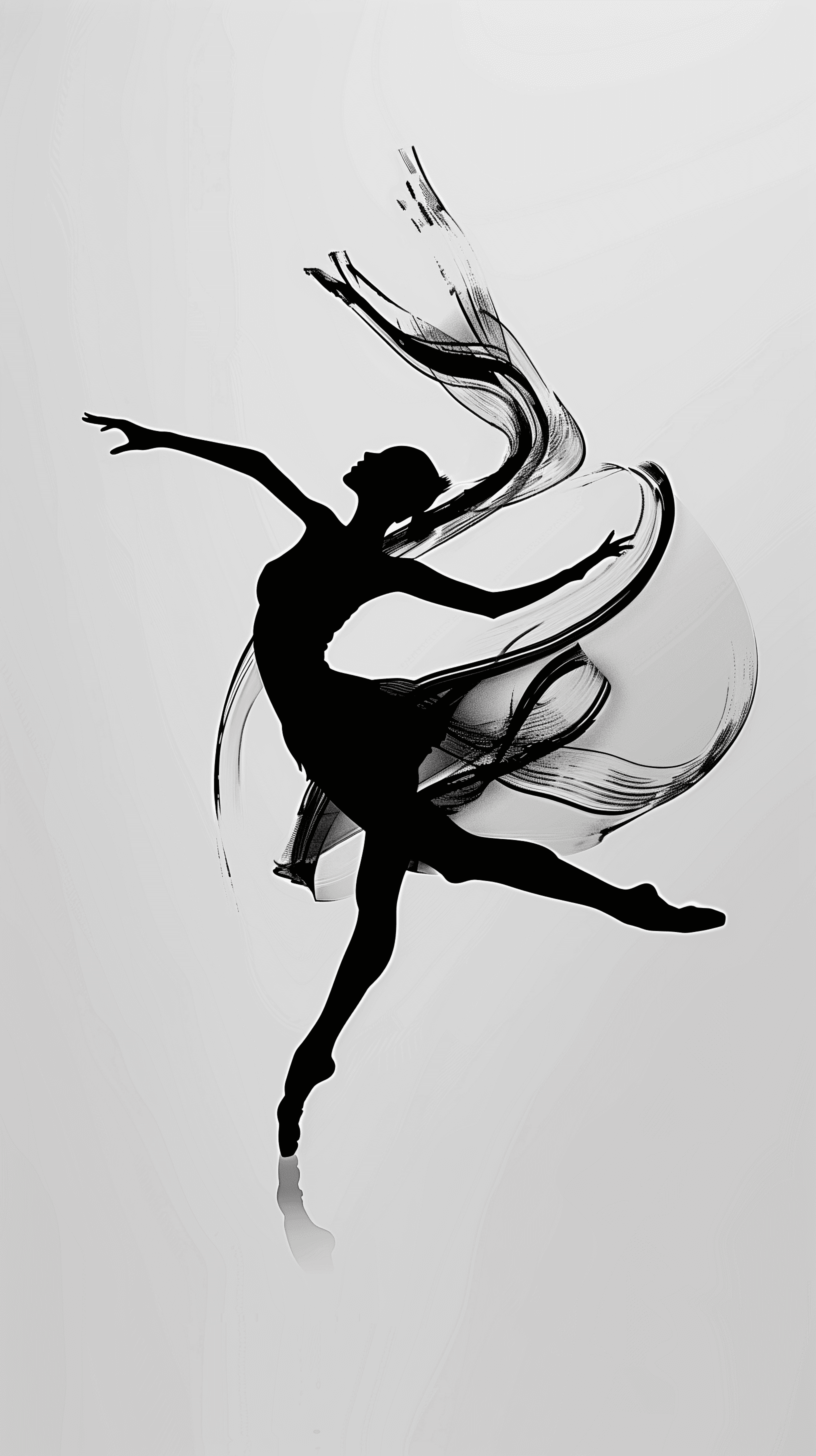 AI generated: minimalist design, monochrome, highlighting a dynamic silhouette of a twirling dancer, pure white ba...