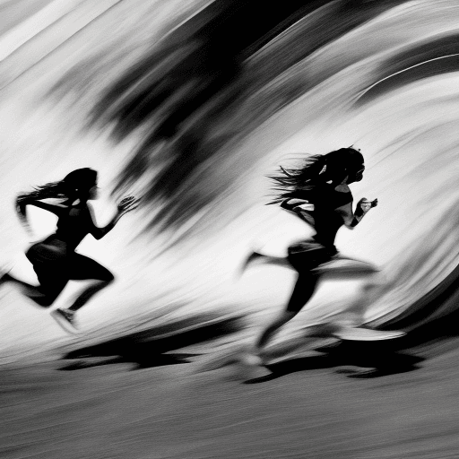 AI generated: black and white photograph of women running, in the style of intense gaze, hauntingly beautiful, ric...