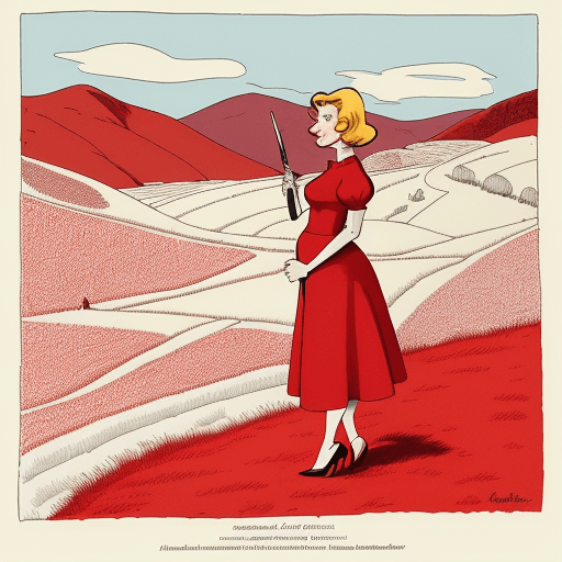 AI generated: Pen and ink, illustrated by Hergé, background landscape. pregment woman red and white stick in hand,...