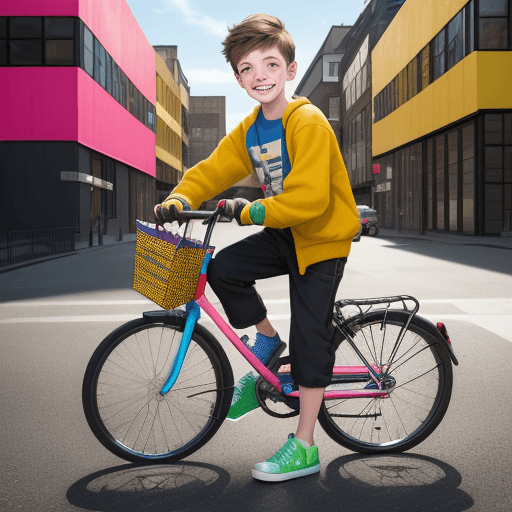 AI generated: contemporary street scene, professional 7 years boy model smile face with a colorful backdrop of sta...