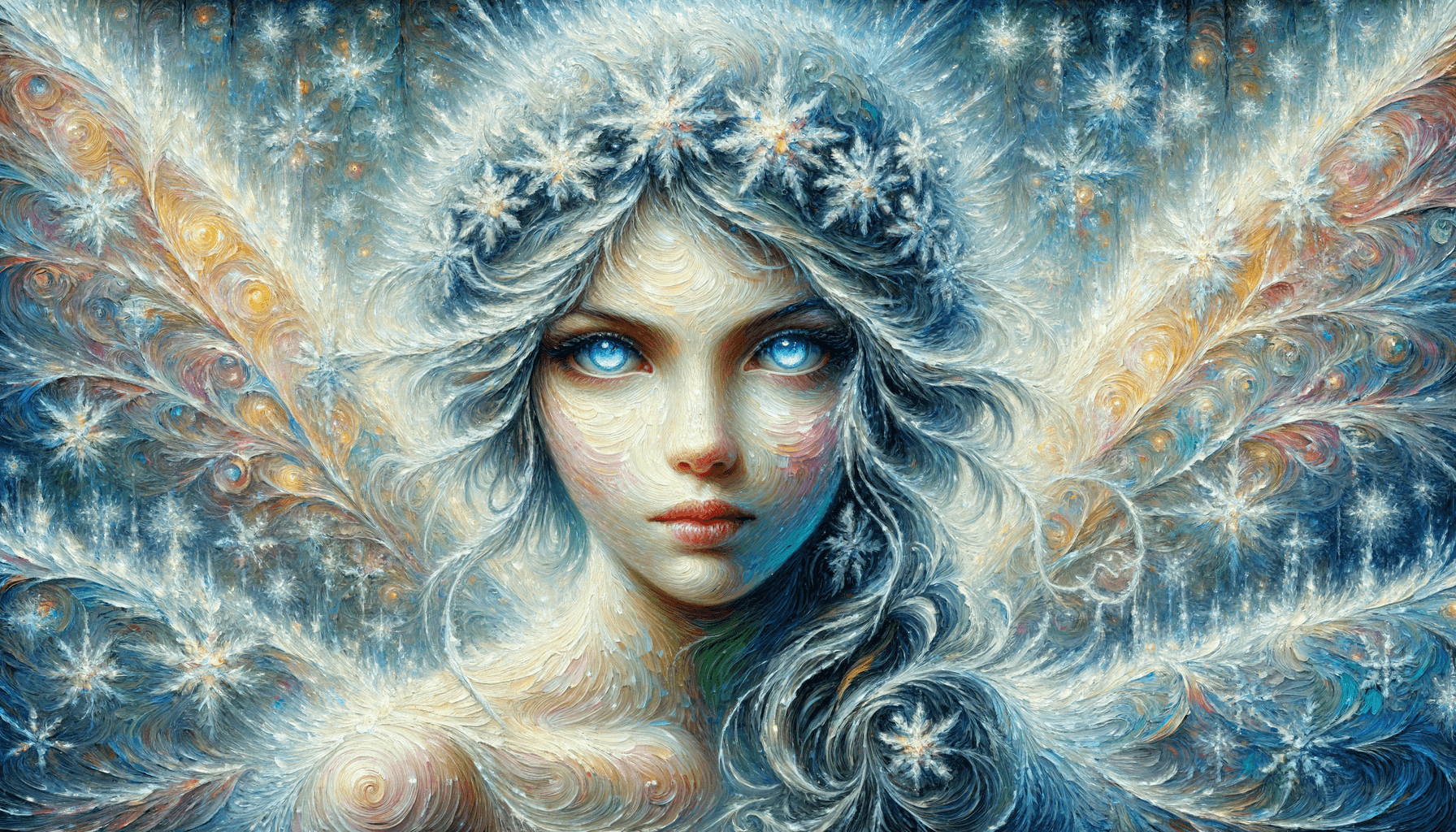 AI generated: close up of A snow fairy, beautiful fractals, vivid color, complementary color, golden ratio, DMT, d...