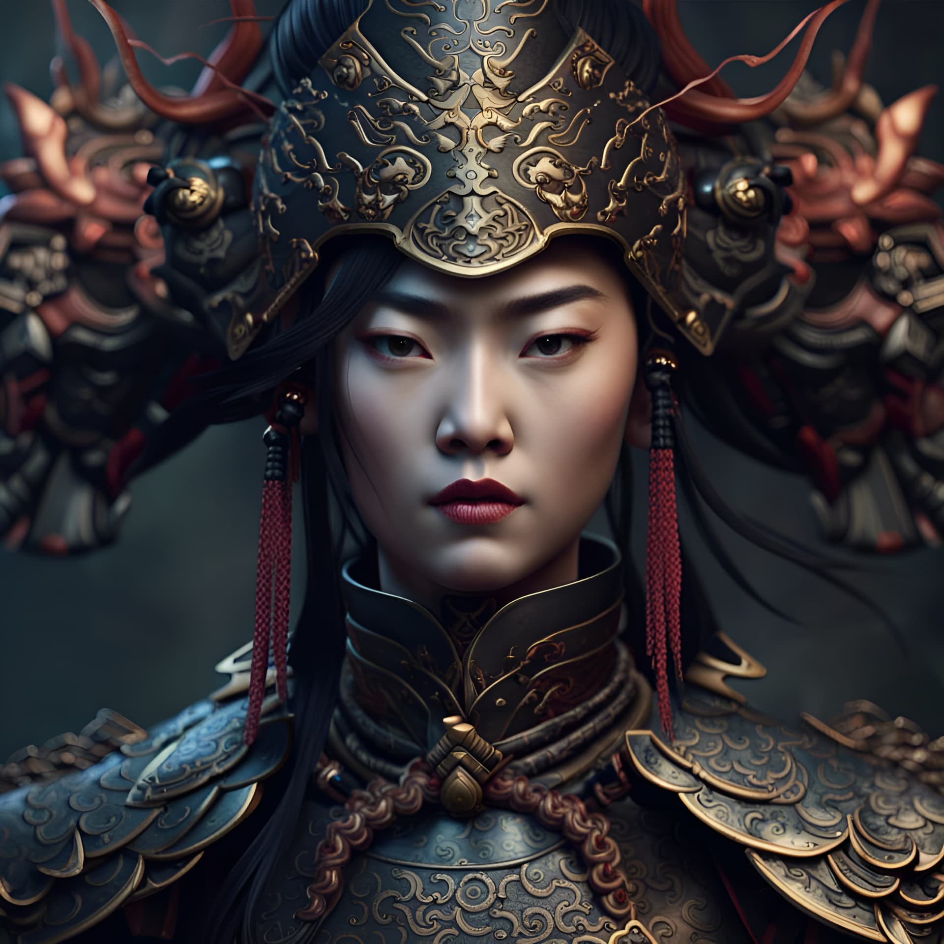 AI generated: A female warrior wearing Ming Dynasty heavy armor, epic scene, intricate details, magical, atmospher...