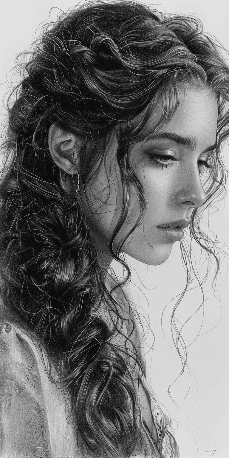 AI generated: pencil sketch, woman with long hair, hyperdetailed --ar 1:2 --stylize 750