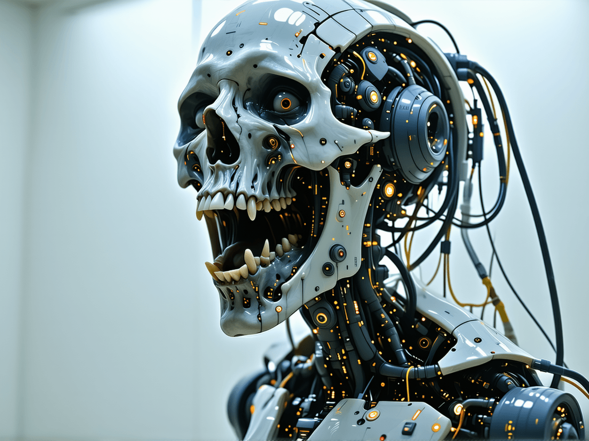 AI generated: In the distant future we see a grey old face, deep scars, a wizened body, deep wounds, wires, monito...