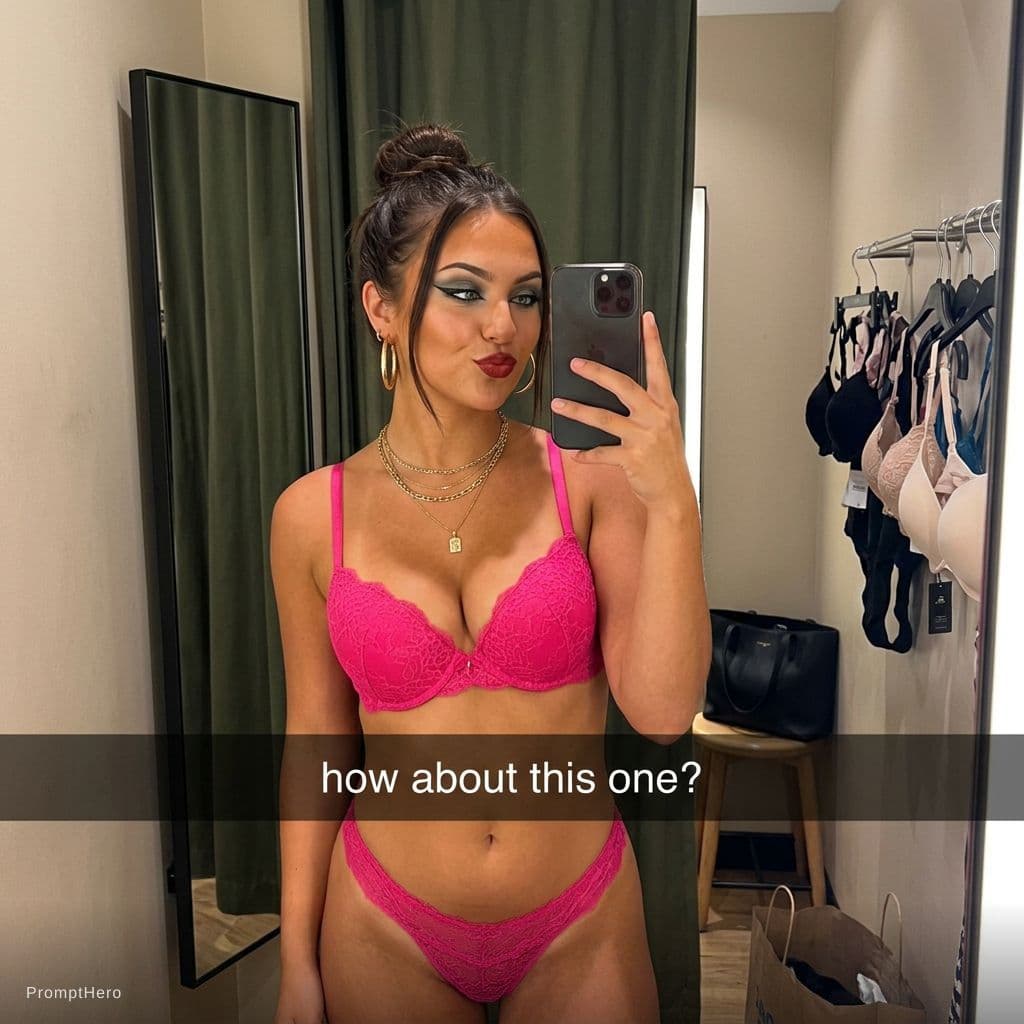AI generated: A 21 year old white woman takes a mirror selfie in a dressing room. The dressing room rack has multi...