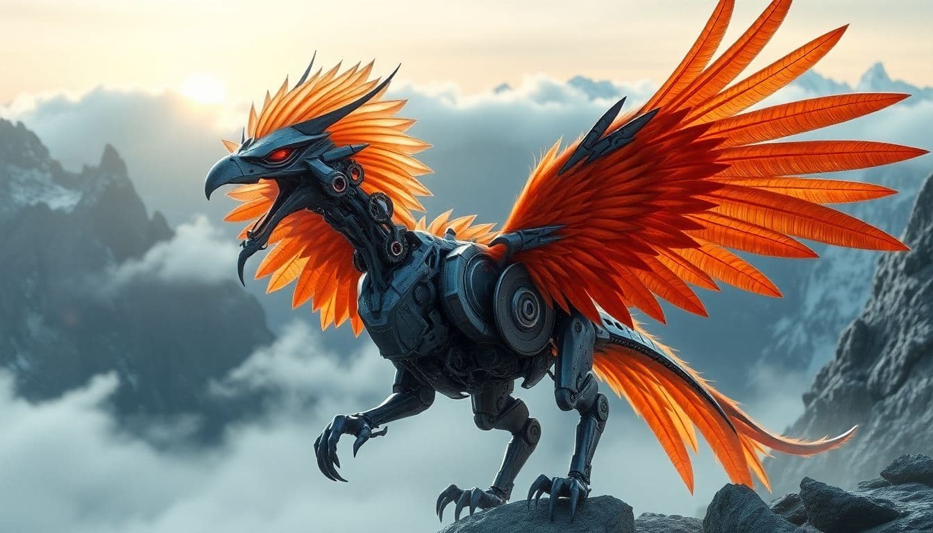 AI generated: Image is a digital artwork featuring a mechanical Gryphon with intricate details. The Gryphon has a ...