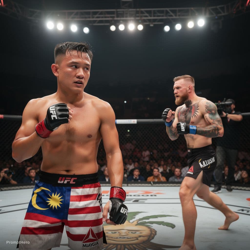 AI generated: Use my reference photo as the main character.

Cinematic MMA fight scene inside a packed arena. 
The...