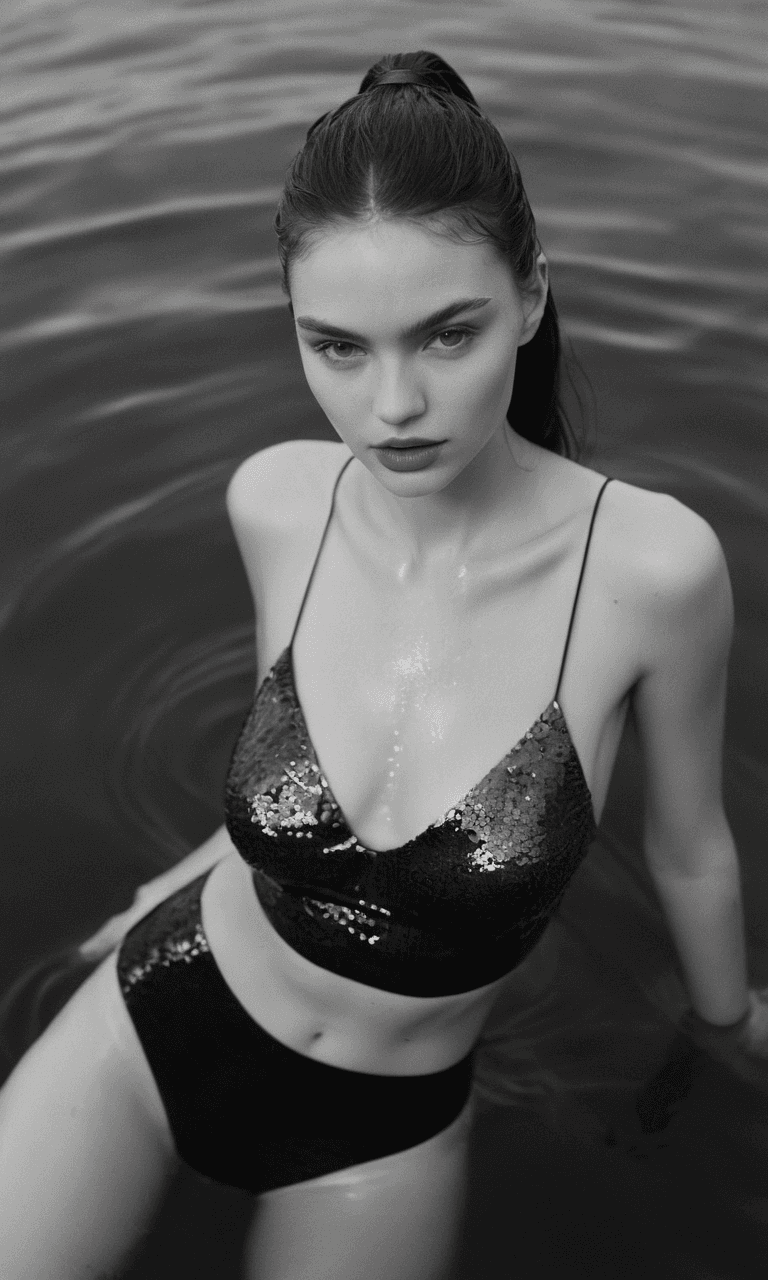 AI generated: a young woman in glossy swimsuit in the water, black and white photography, elegant, intricate, very...
