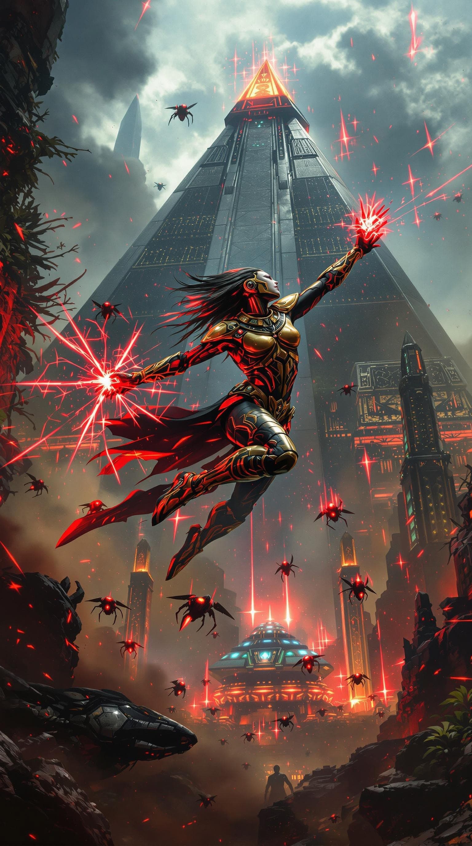 AI generated: A futuristic Maya/Aztec warrior leaps through the air in a dynamic battle pose, confronting an army ...