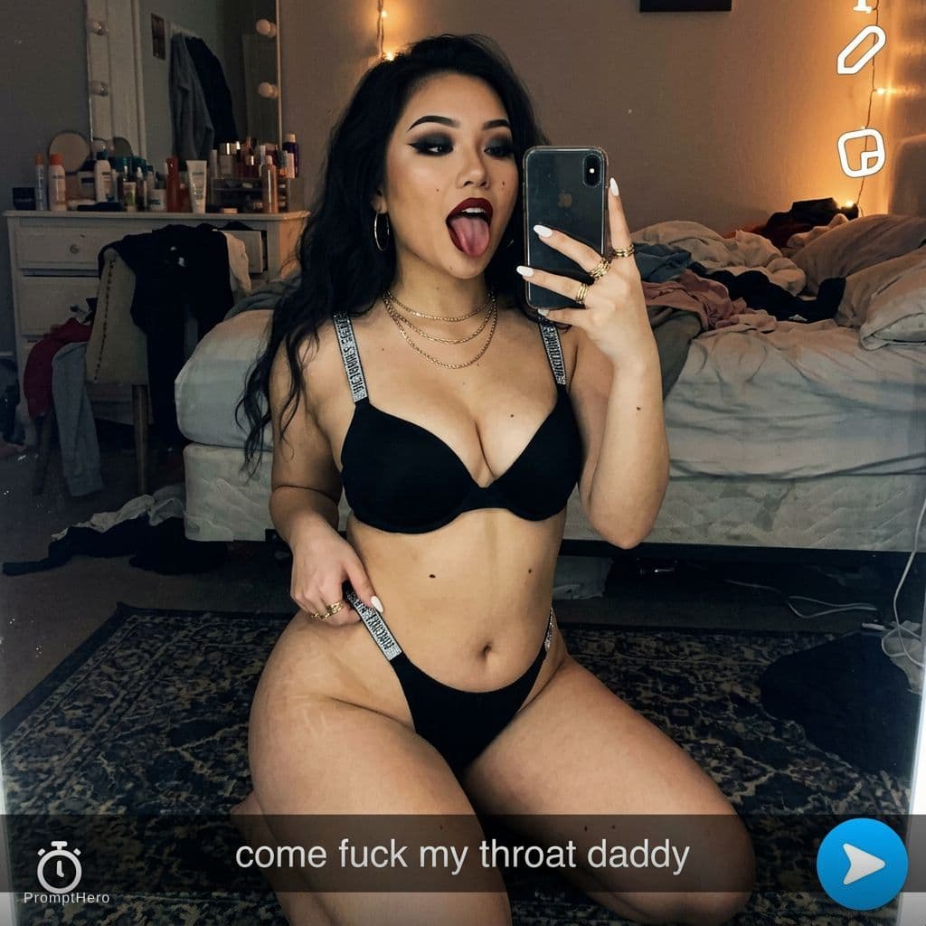 AI generated: A beautiful 18 year old Asian woman takes a selfie on the ground on her knees in a messy, dimly lit ...