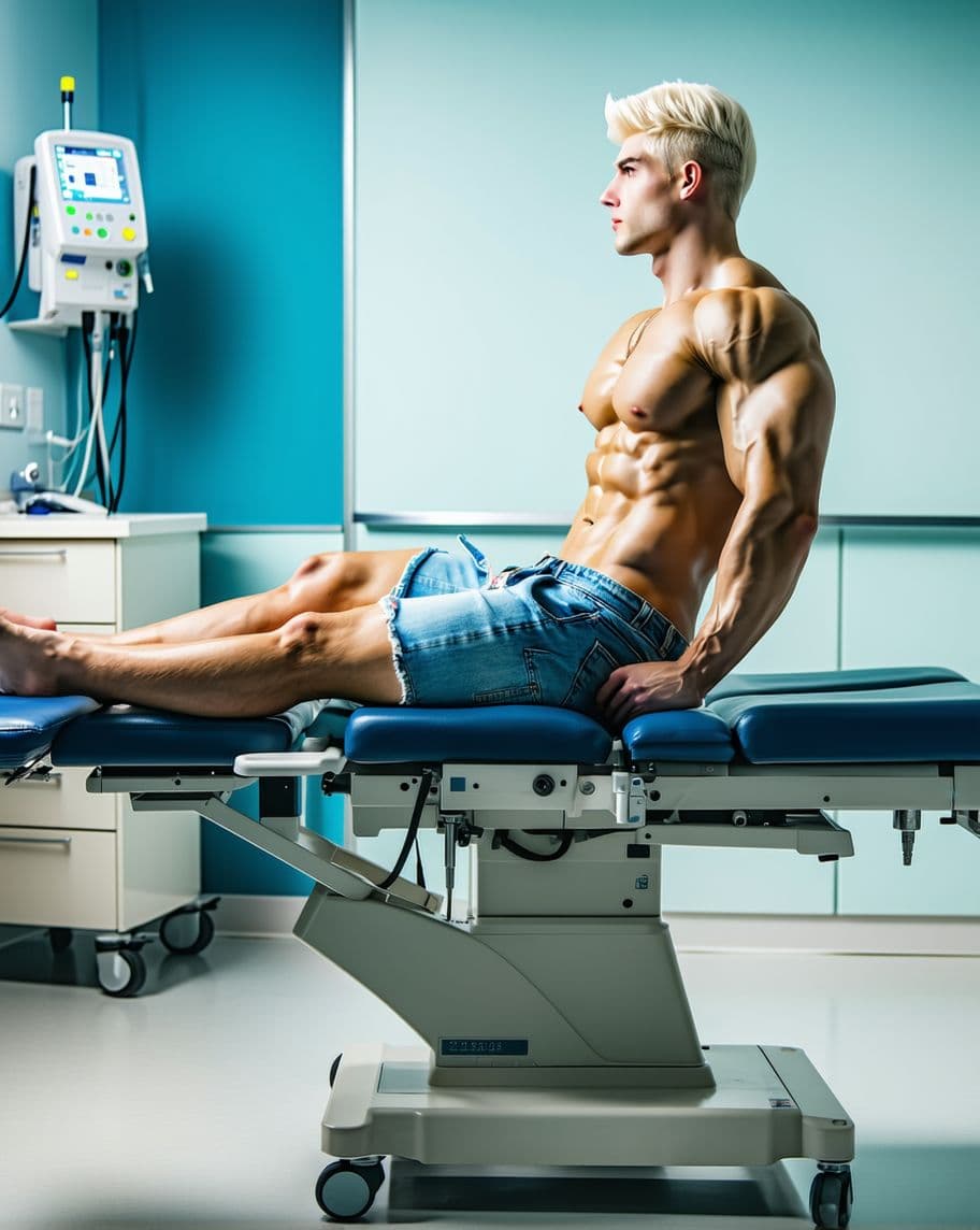 AI generated: high-resolution photo, full body standing, muscular male with platinum blonde hair, cutoff blue jean...