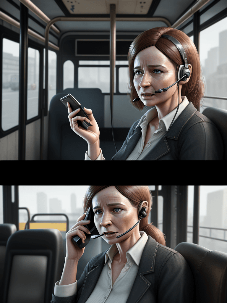 AI generated: Woman making phone call. holding a miniature bus. cinematic, hyper realism, high detail, octane rend...
