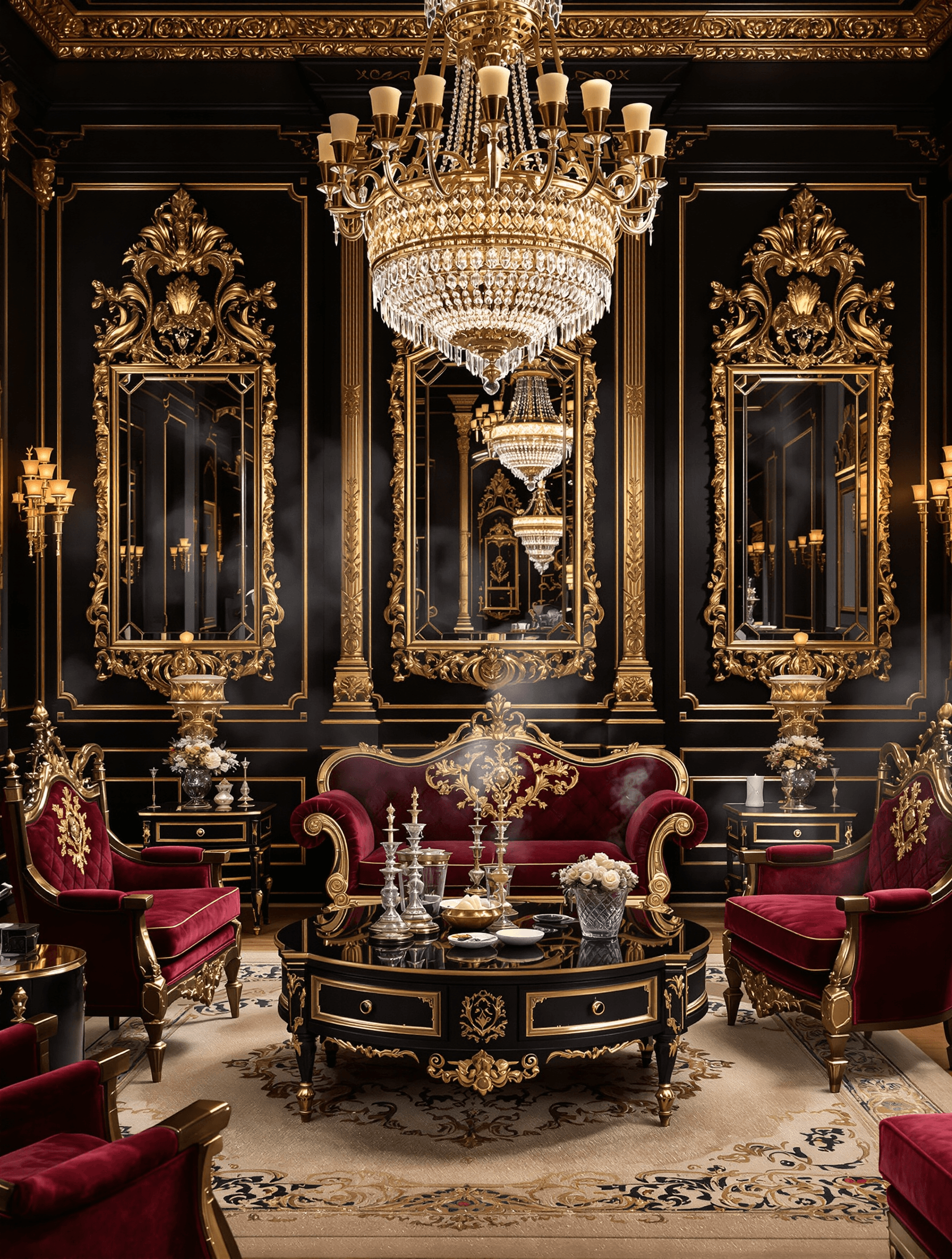 AI generated: Create a grand, opulent poster for The scene is a lavish Rococo/Baroque-inspired living room with da...