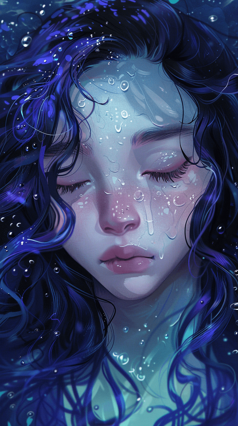 AI generated: A digital illustration of a girl with deep purple hair, her eyes closed in a meditative state. The s...