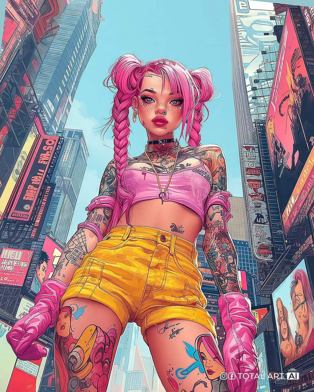 AI generated: Realistic comic book illustration of young beauty European girl with pink hair with two braids stand...