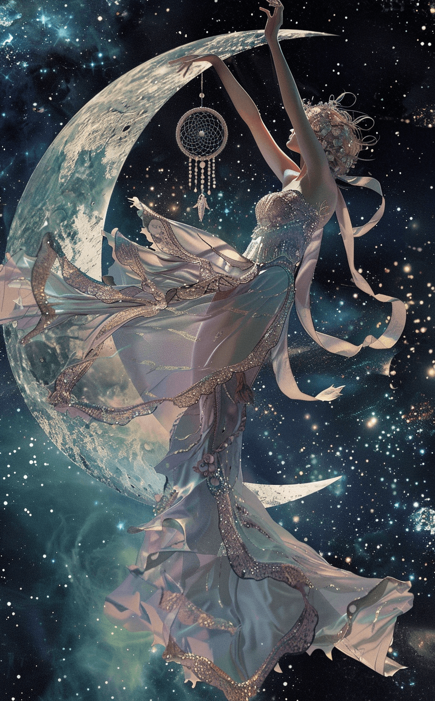AI generated: The goddess of the moon, adorned with ribbons and beads, gracefully dances on top of an elegant cres...