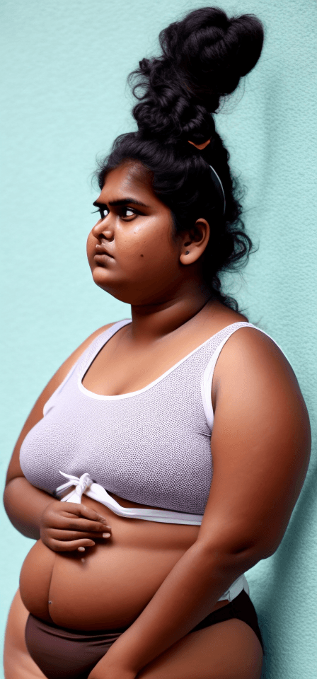 AI generated: A head to knee side view photo of a plus-size, thick, chubby fat Sri Lankan woman of 26-year-old wit...