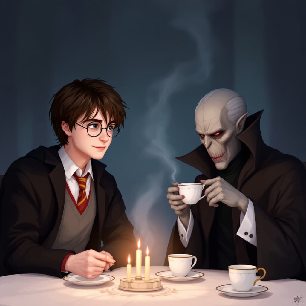 AI generated: Harry Potter and Voldemort having a tea party *Magical Moments Brewing: An Enchanted Evening Eases E...