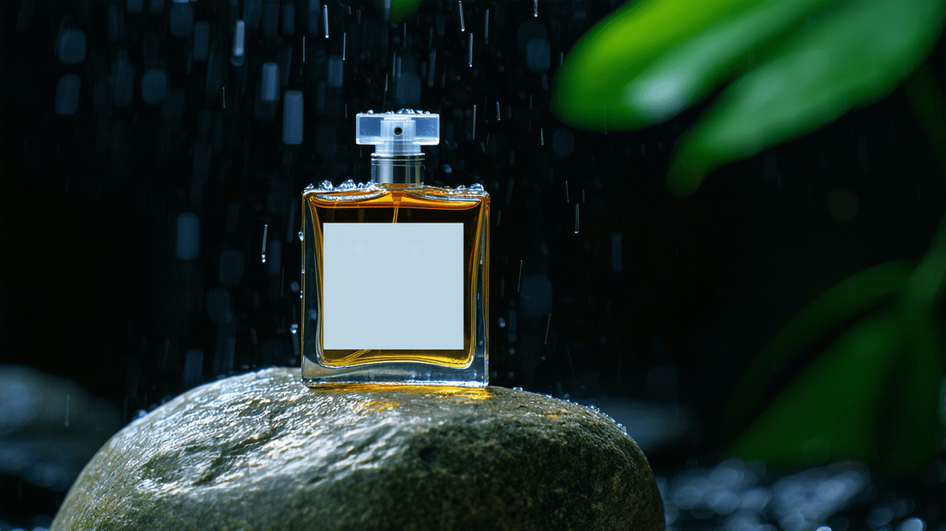 AI generated: High resolution photography of a luxury perfume bottle on a rock in 45 degrees with plastic white em...