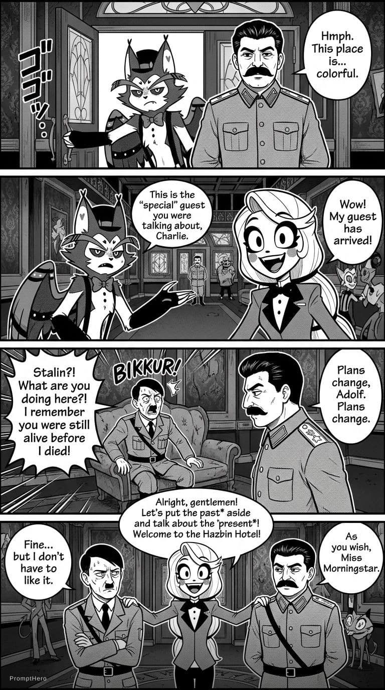 AI generated: I want a fan-made manga image of Hazbin Hotel featuring Joseph Stalin entering with Husk. In another...