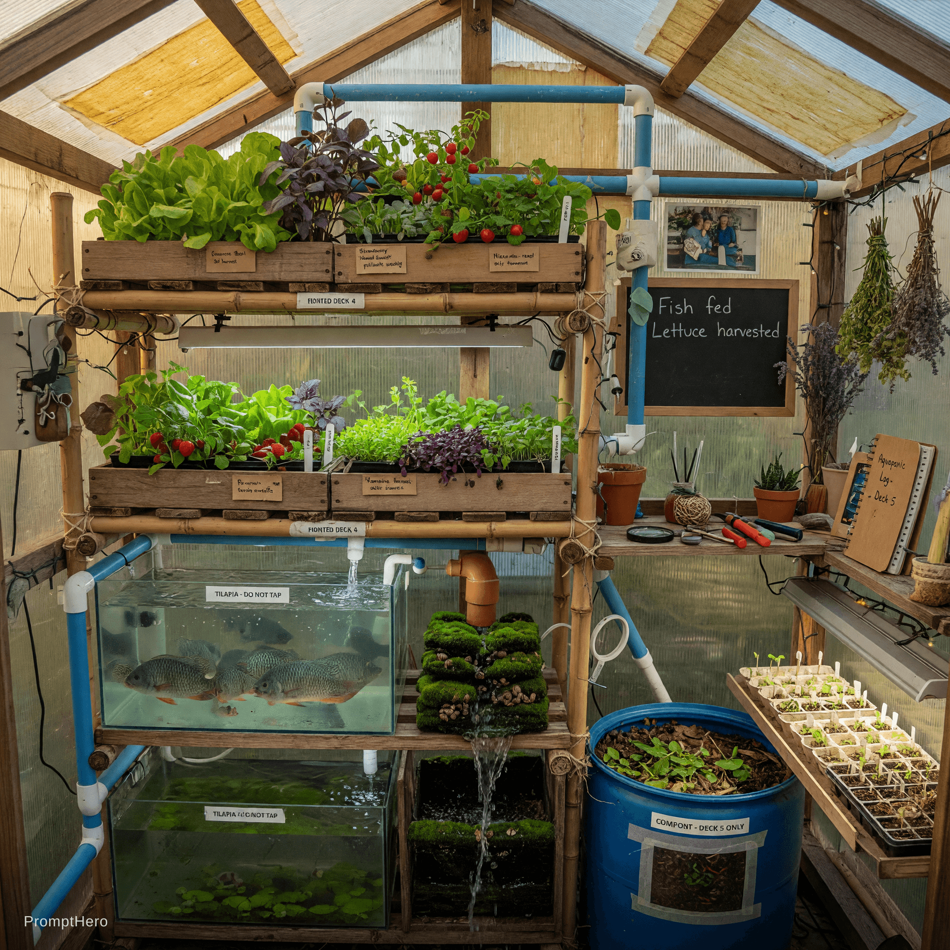 AI generated: Warm and detailed interior close-up of the self-sufficient Aquaponics Greenhouse on Projekt Nomad De...