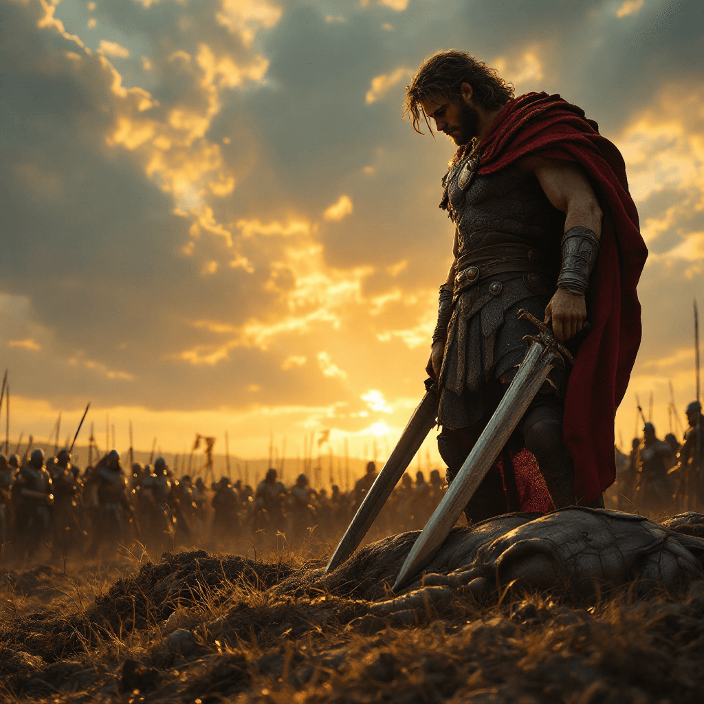 AI generated: Young shepherd boy David standing confidently over the fallen giant Goliath, with a heavy sword in h...