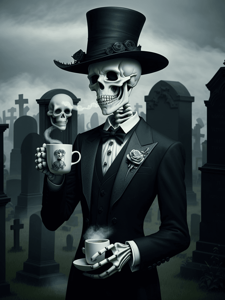 AI generated: skeleton in a suit drinking tea in the cemetery accompanied by ghosts, Tim Burton style, skeleton wi...