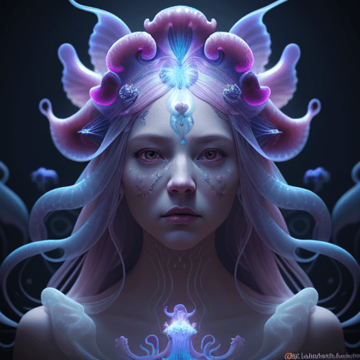 AI generated: Goddess close-up portrait ribcagel. jellyfish phoenix head, nautilus, orchid, skull, betta fish, bio...