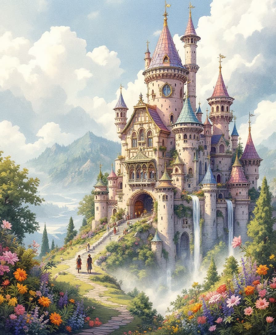 AI generated: <lora:Antique Watercolor 2:1.0> <lora:Ink Poet:1.0> panorama of a fairytale castle