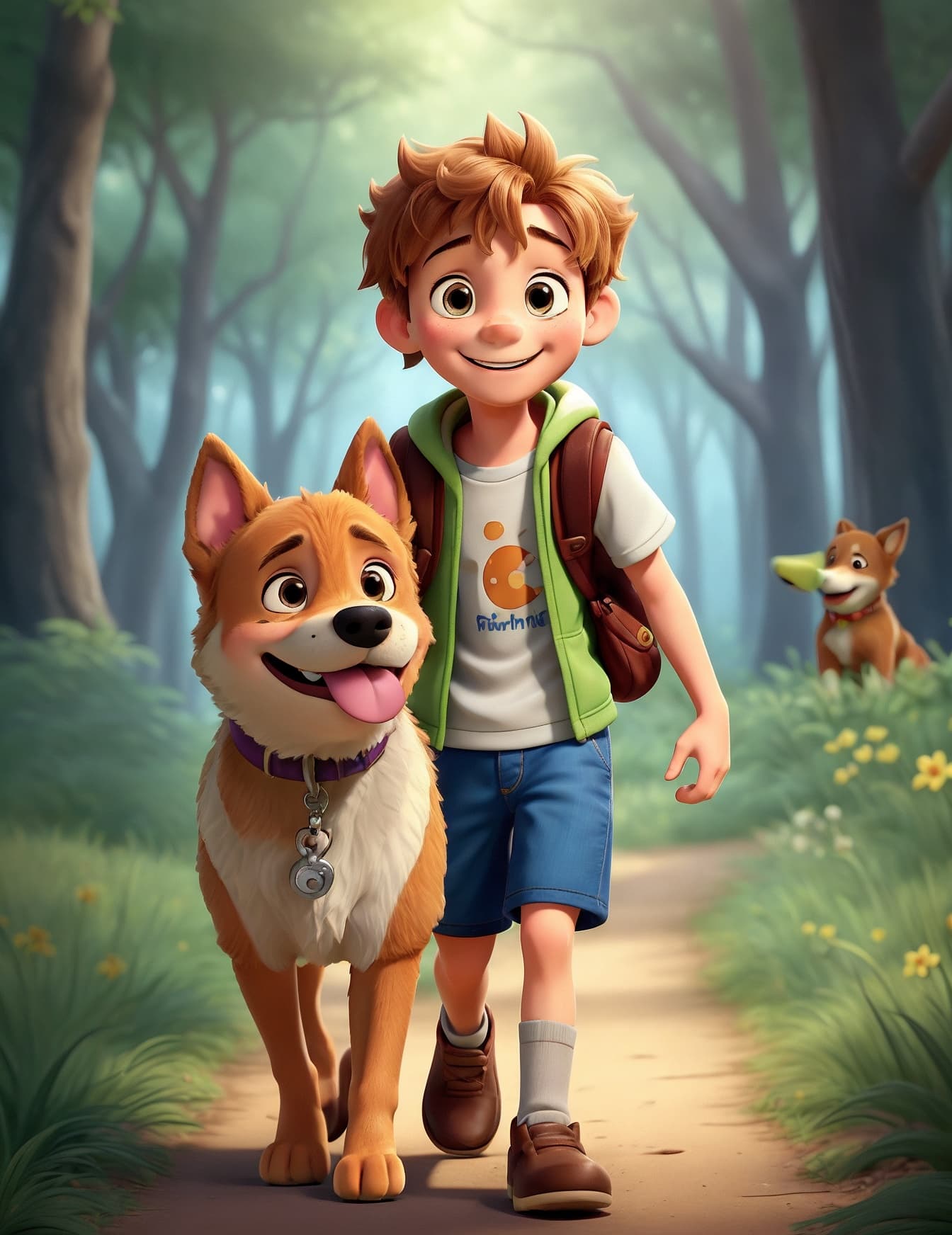AI generated: Illustrate the heartwarming scene of Lucas, a joyful young boy with a radiant smile, strolling throu...